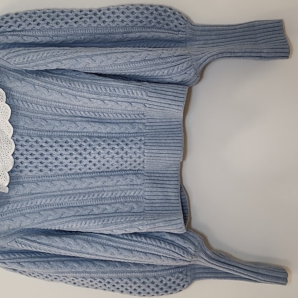 Sea NY Melanie cable-knit cropped cardigan light blue wool Broderie Collar XS - Picture 14 of 16